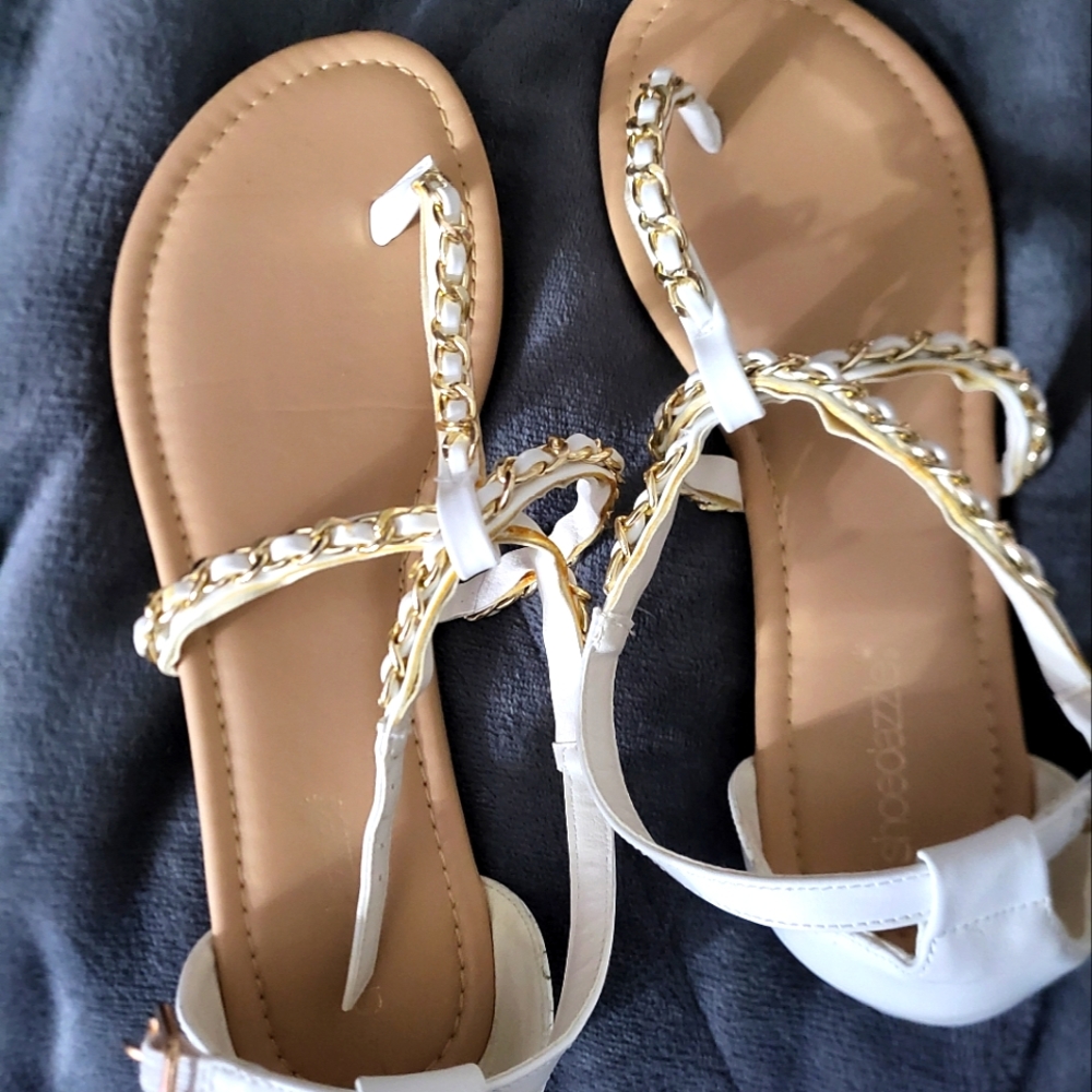 New white & gold braided strap flat sandals